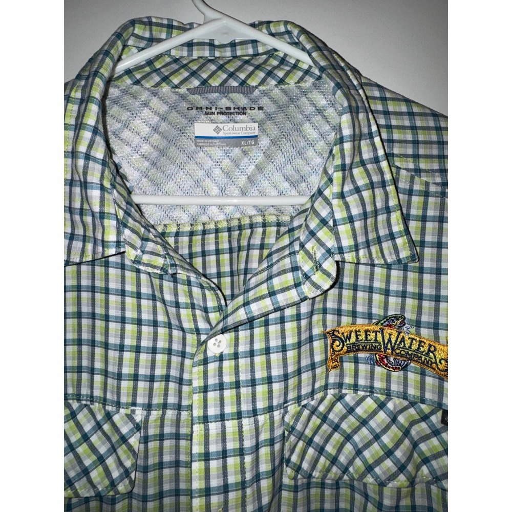 Columbia Omni-Shade Plaid Shirt Mens XL SweetWater Brewing Co Blue Green PFG